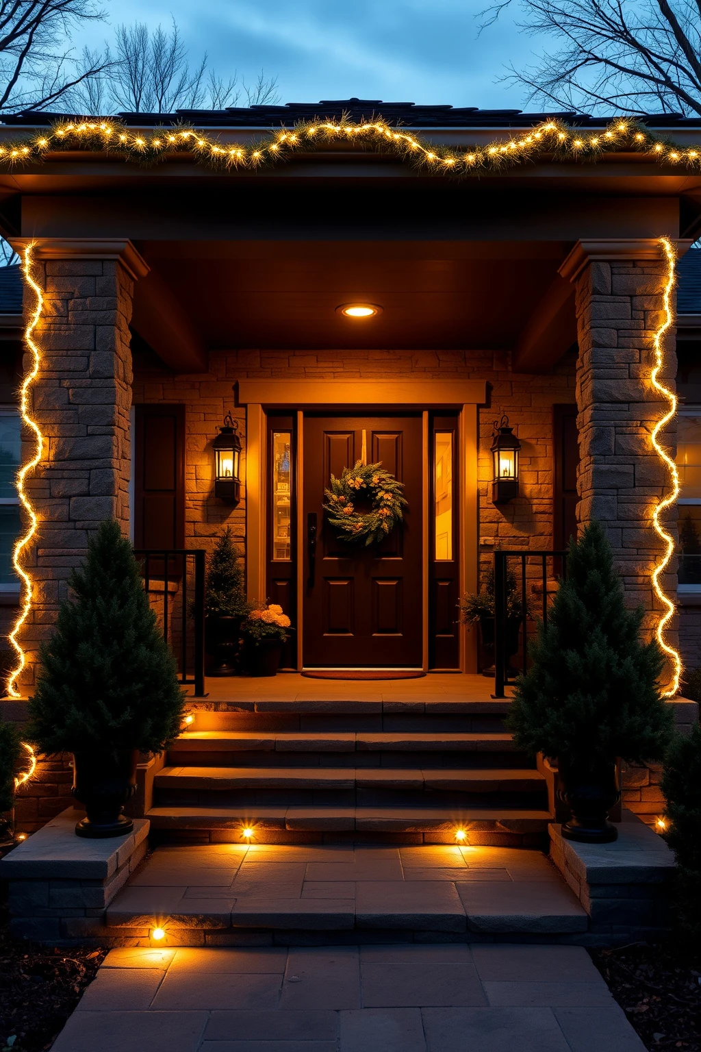 Cozy Porch Columns with Wrapped Warm-White Rope Light
