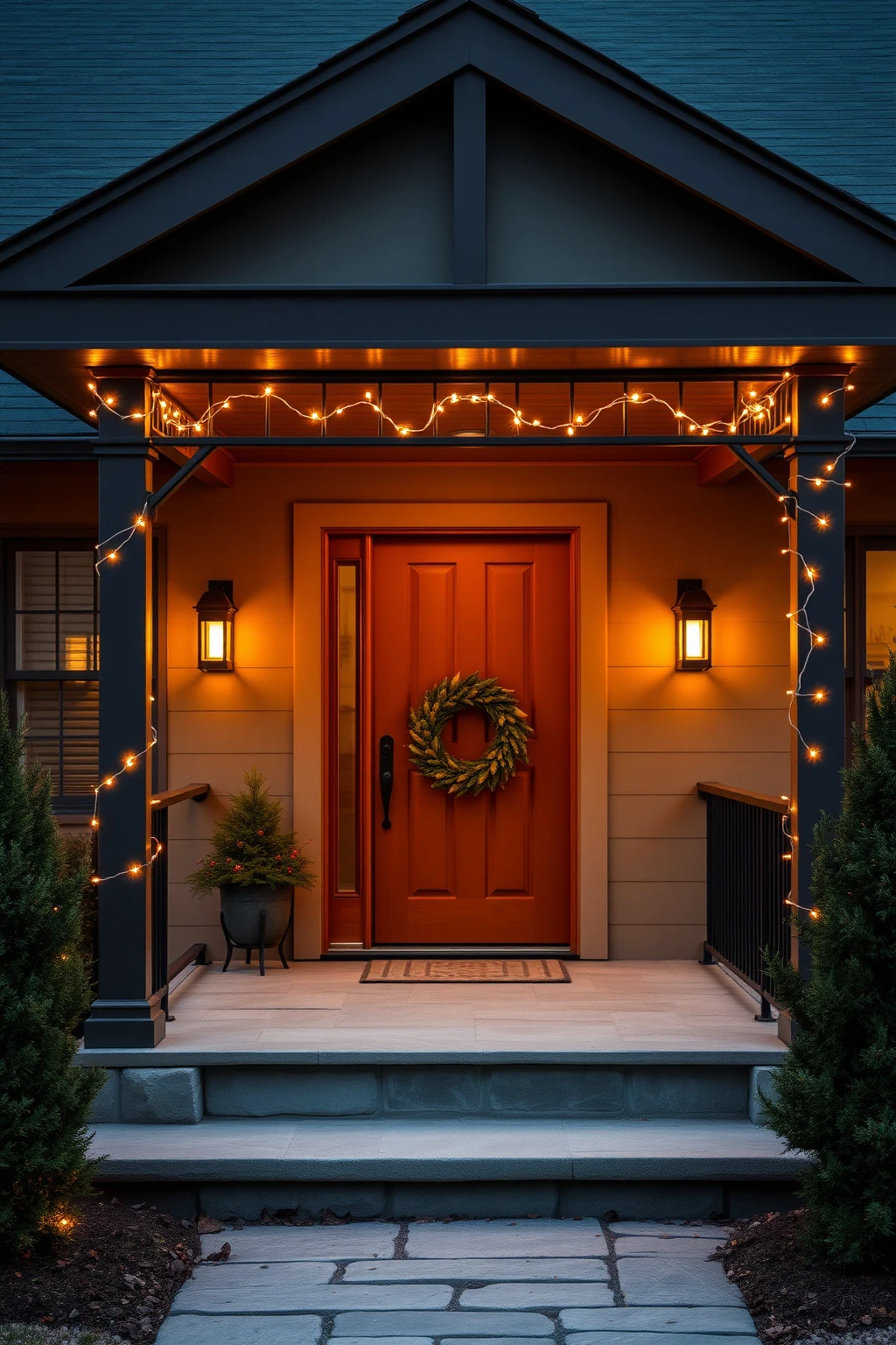 Wrap porch railings with warm-white micro lights (no bulky tubes)