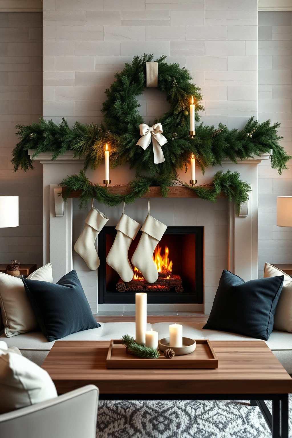 Center your Christmas mantel with a 3-rail garland + oversized candle rule