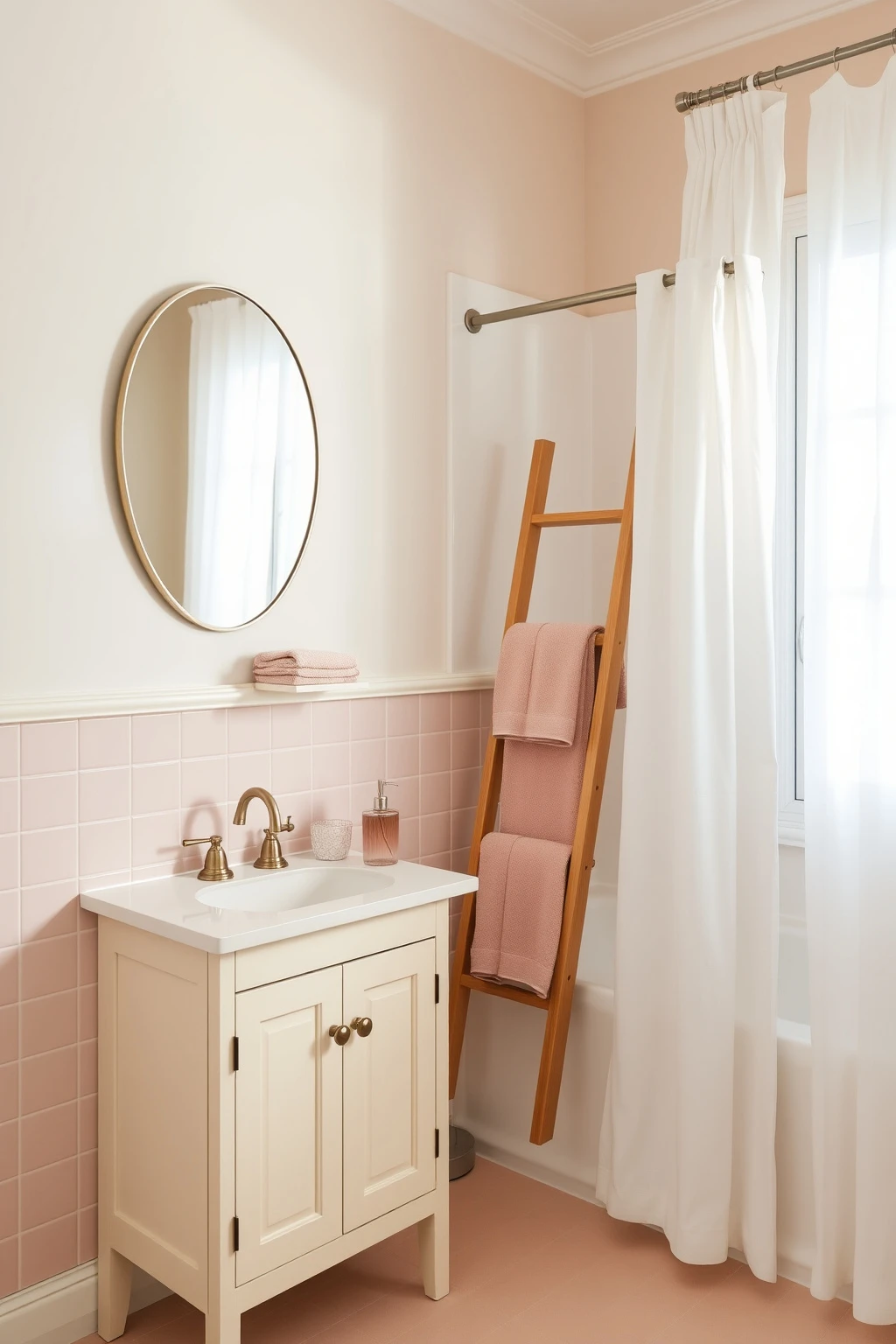 Blush Tile on the Lower Wall, Crisp White Up Top
