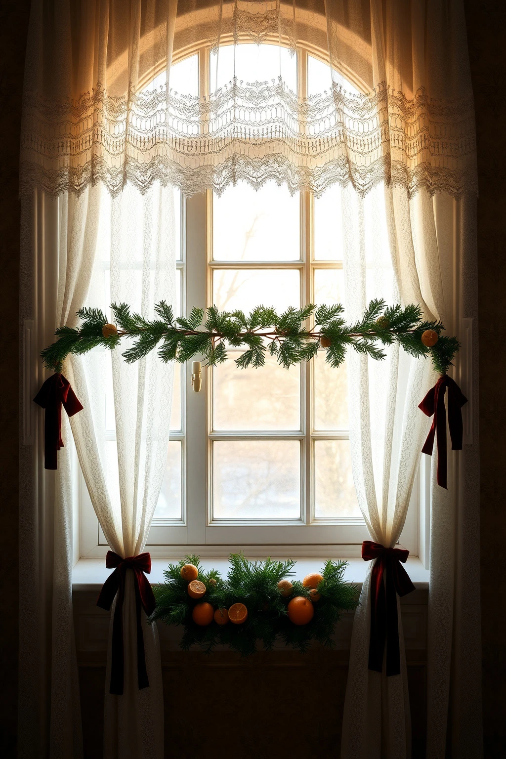 Window Garland That Works: Layer One Sheer Panel + One Ribbon Tie