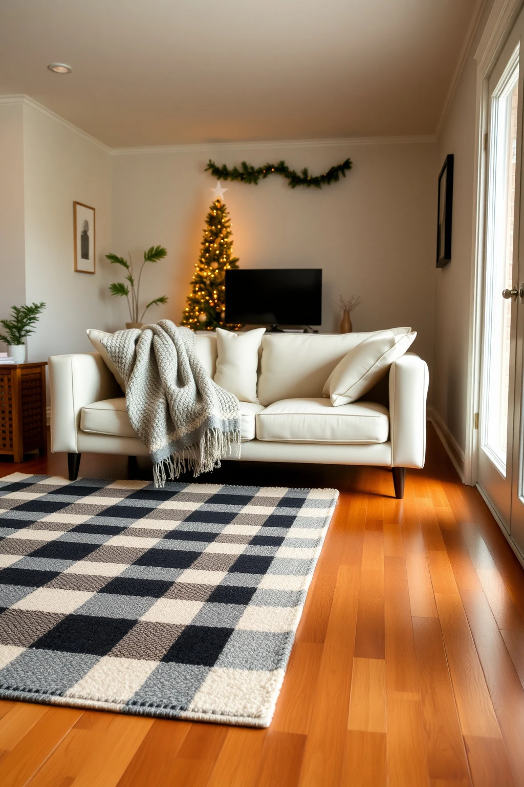 Layer a patterned rug under your holiday seating for instant warmth