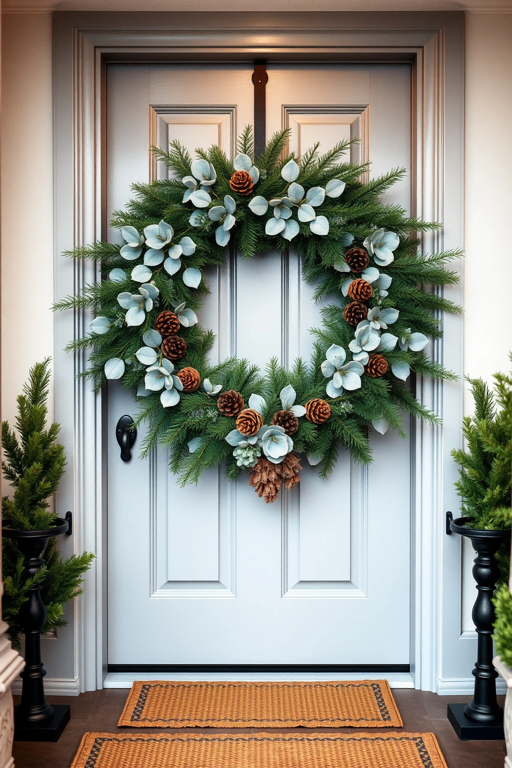 Swap berries for a cleaner look: eucalyptus + pinecone clusters