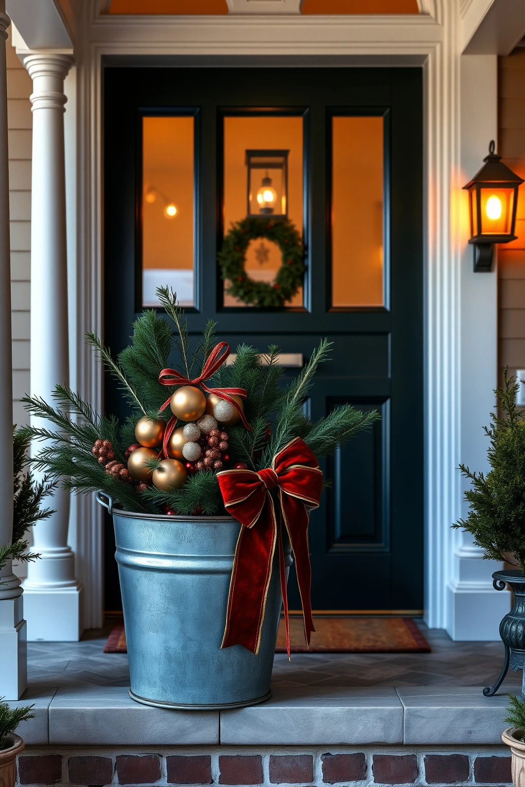 Porch or Entryway Planter: Pine Boughs + Brass Ornaments in a Metal Pail