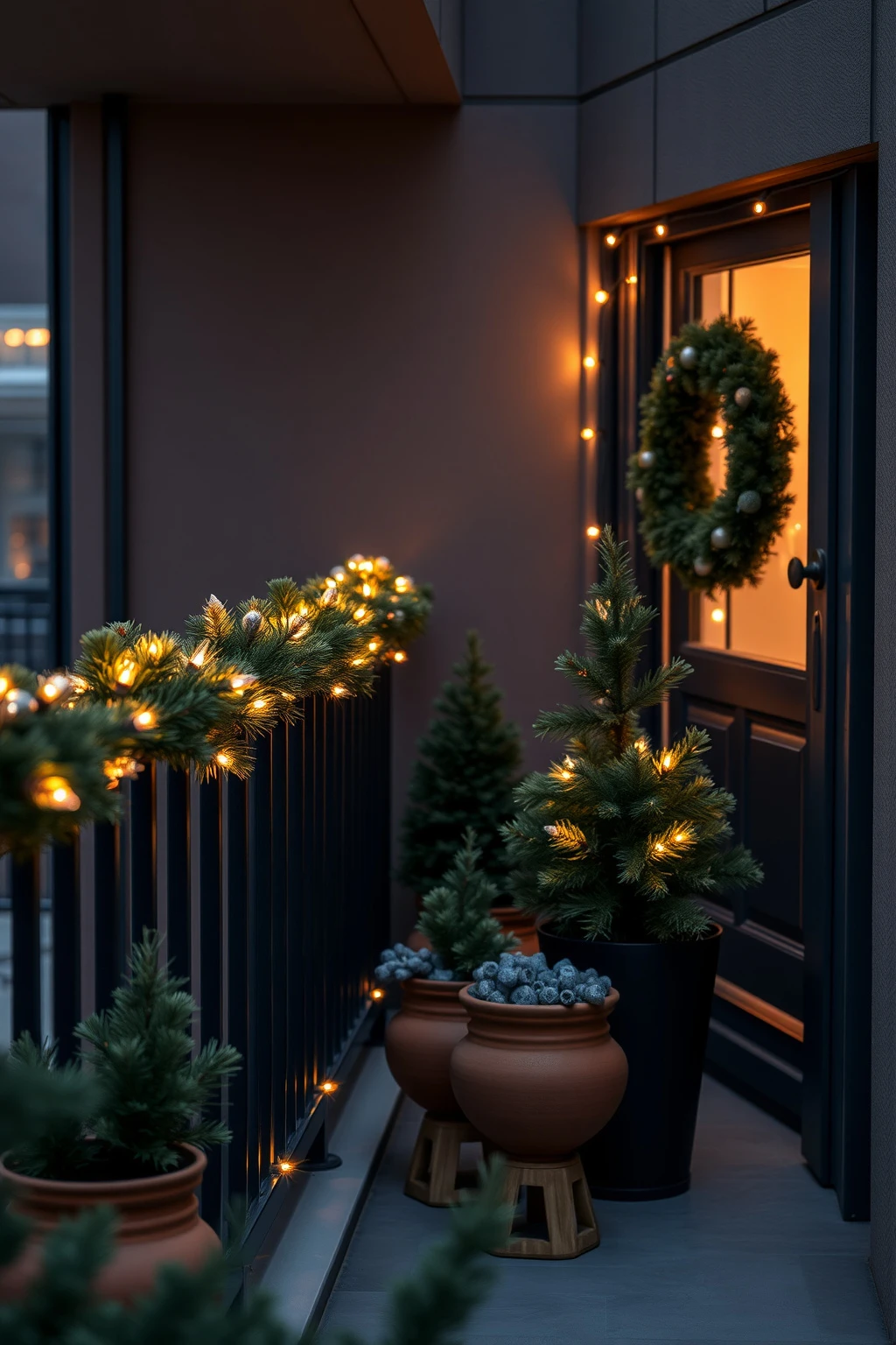Balcony Rail “Mini Tree” Line with Small Pre-Lit Cones