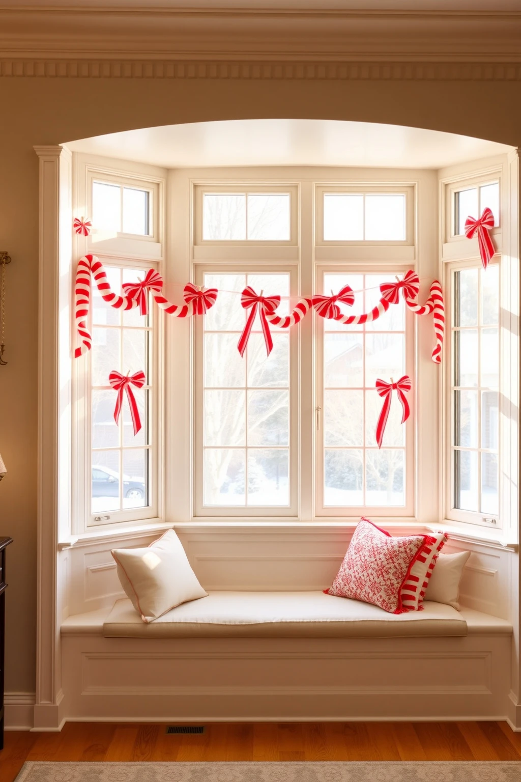 Dress window bays with peppermint swag and balanced hanging length