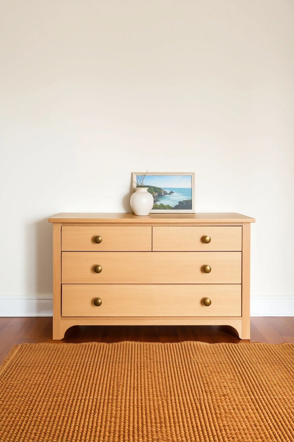 Weathered-Oak Dresser, Brass Knobs, and Seagrass Rug