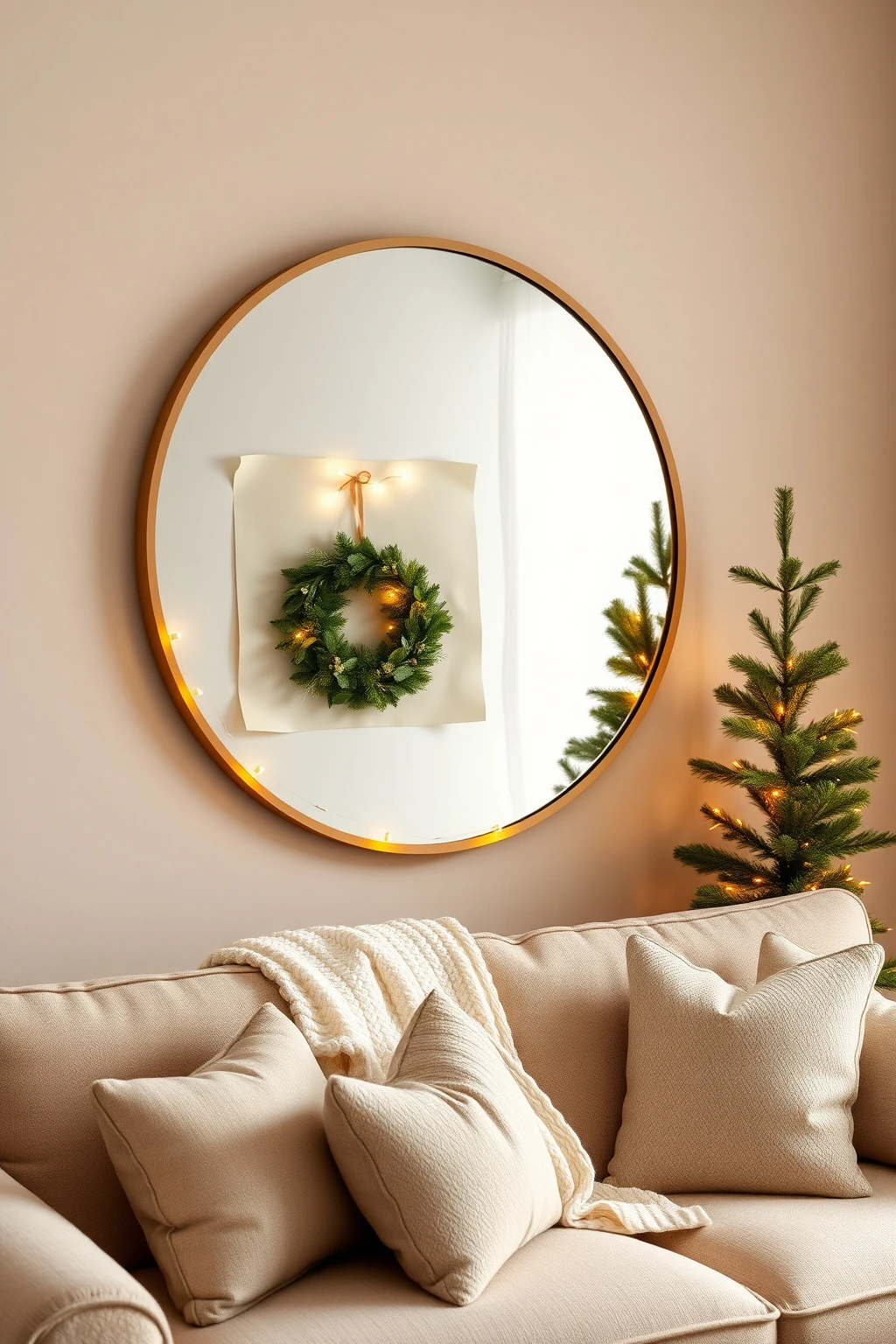 Make a holiday “color curtain” with wrapping paper behind a mirror
