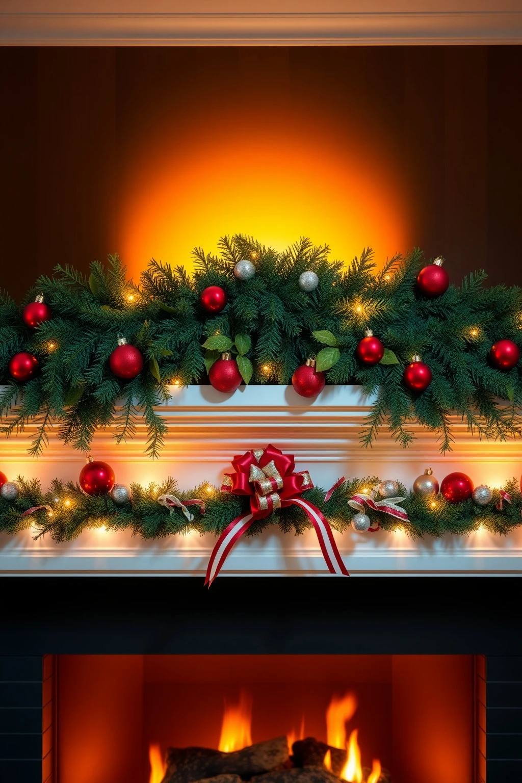 Create a mantel “color gradient” using lights and layered garland