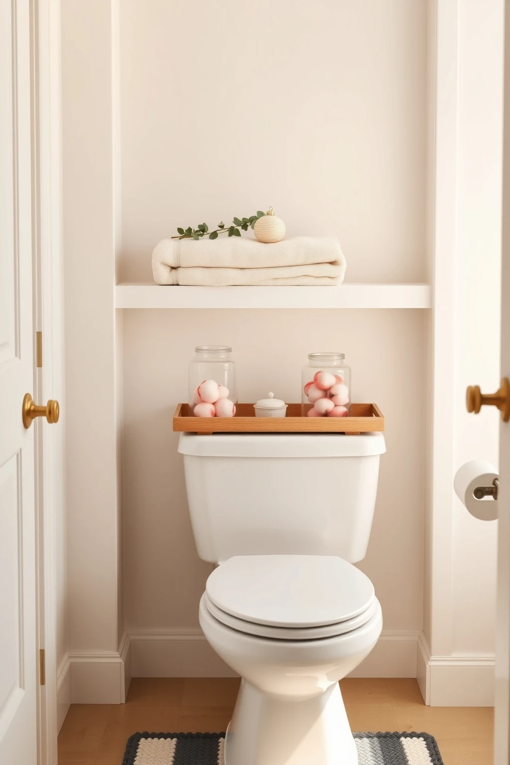 Reframe bathroom decor with a peppermint-toned shelf