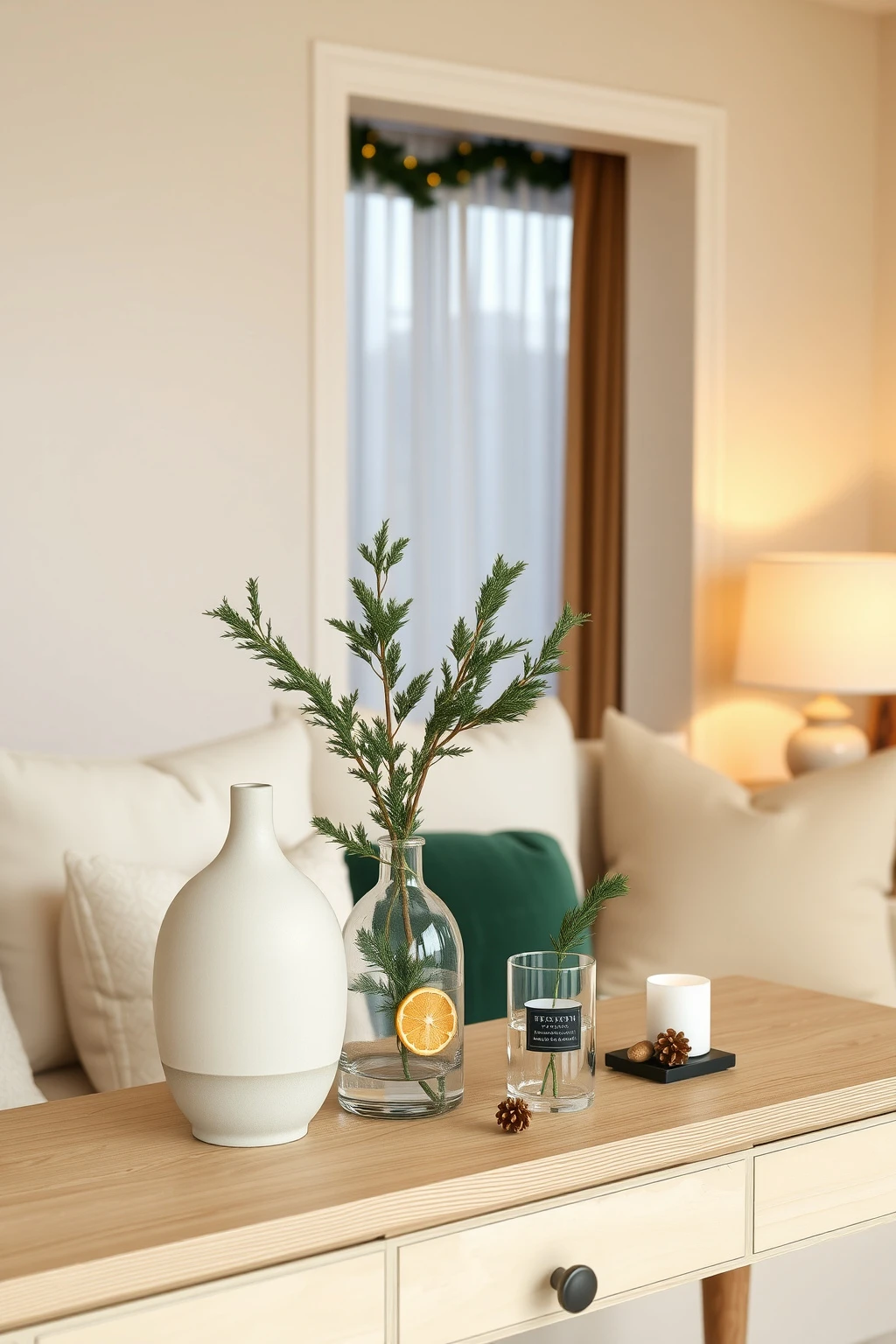 Switch to evergreen garland in “vase groups” for clutter-free placement