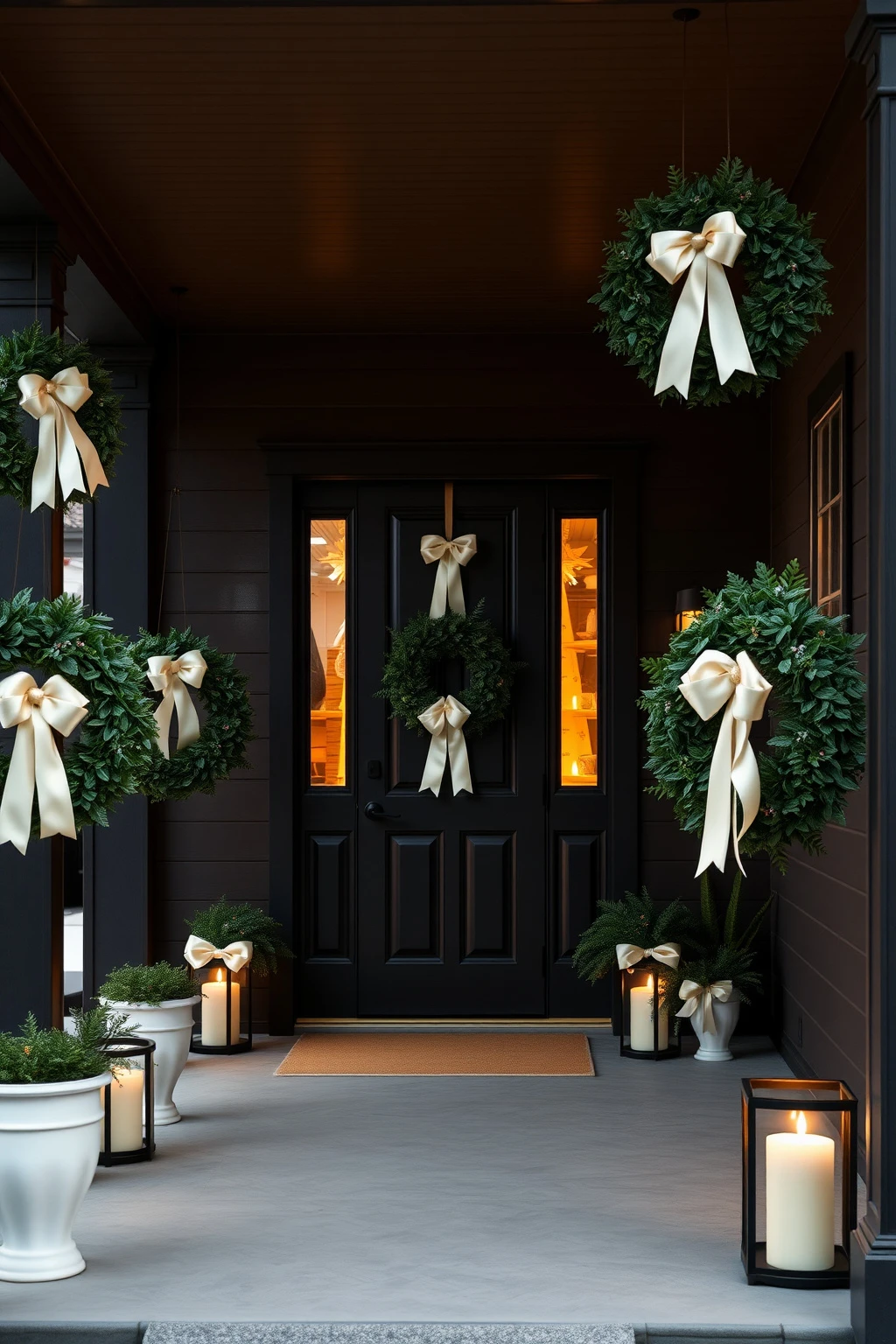 Make wreaths on the porch match using the same ribbon hue