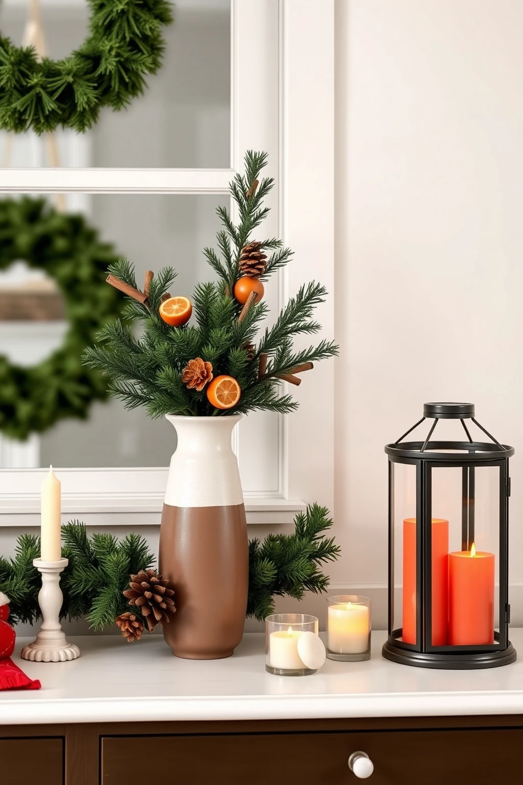 Bring the Whoville porch inside with lanterns and a single evergreen base