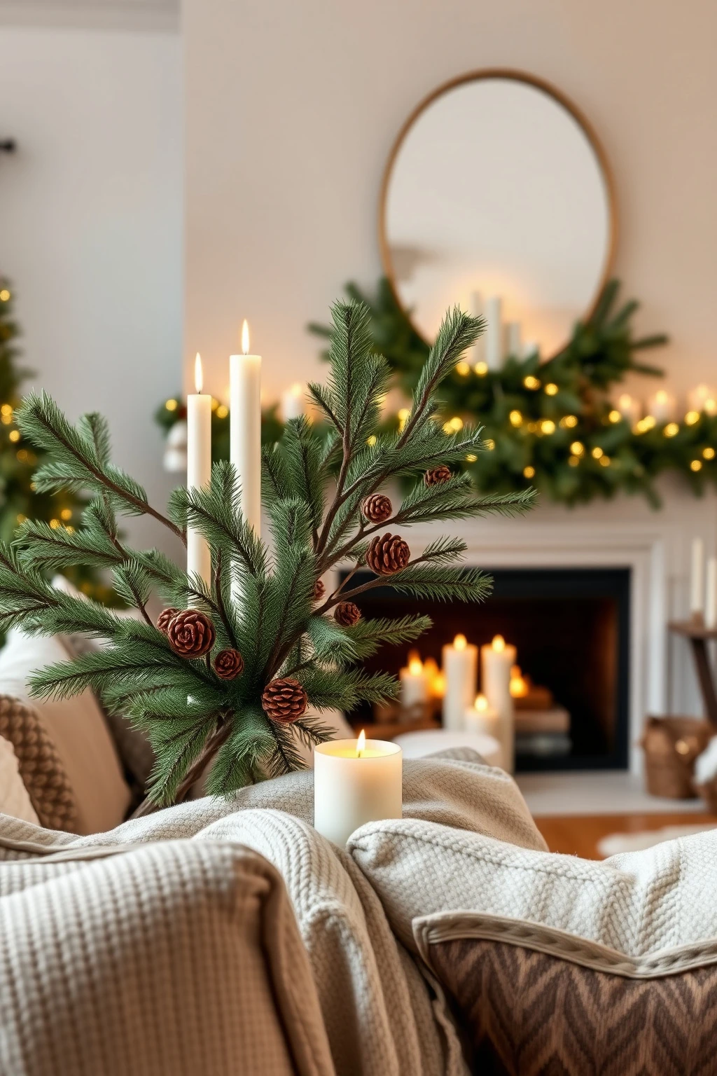 Use pine branches like a centerpiece: twist, don’t tape, for fullness