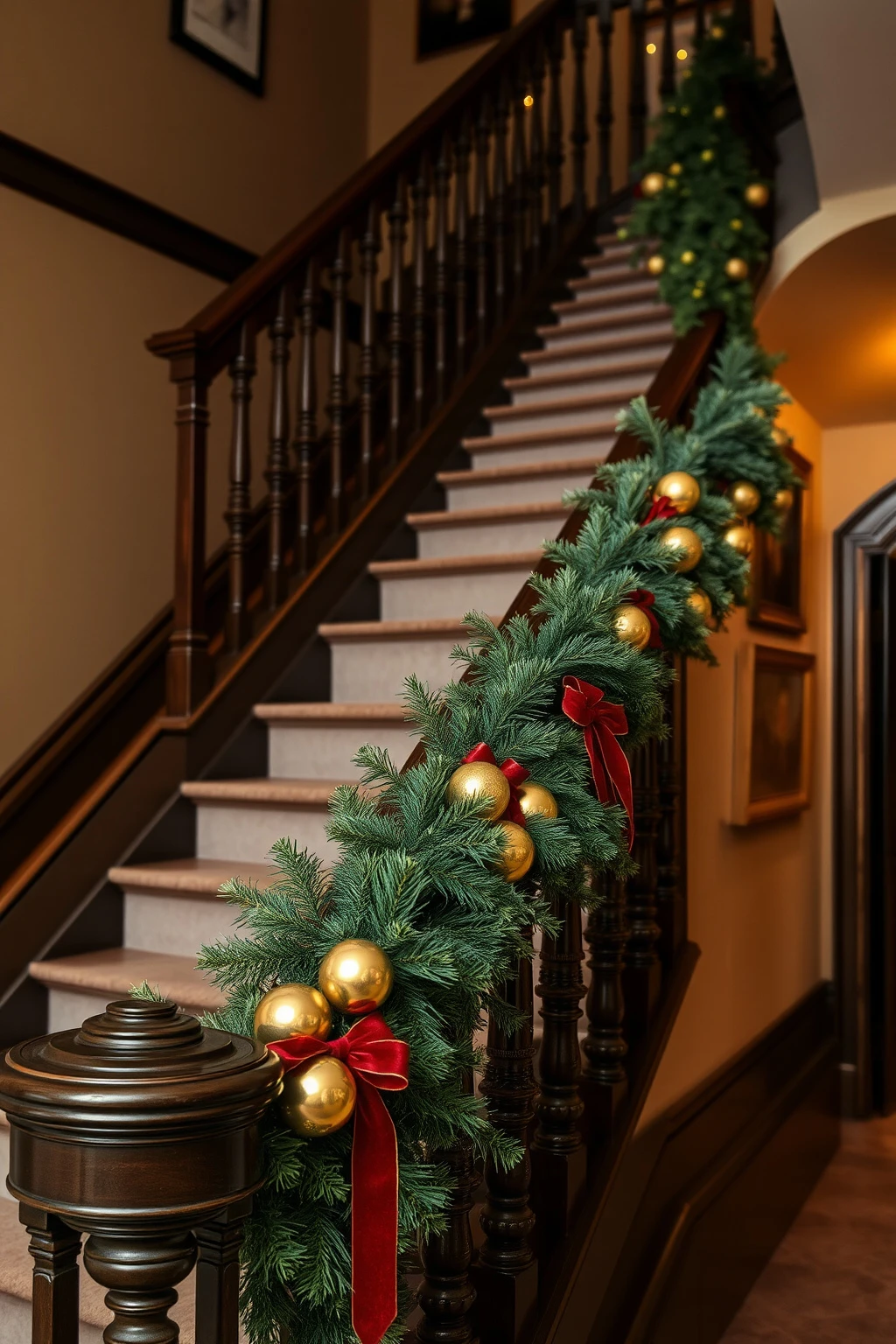 Staircase Garlands: Hang Branches First, Then Add Ornaments at the End