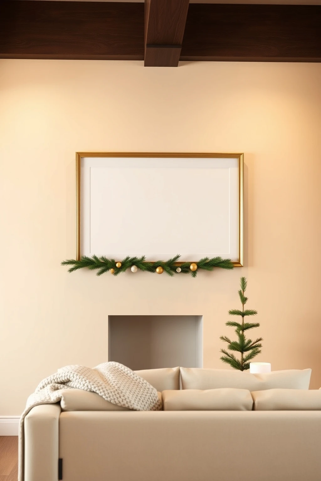 Hang oversized art at the right height so garland doesn’t cut the room