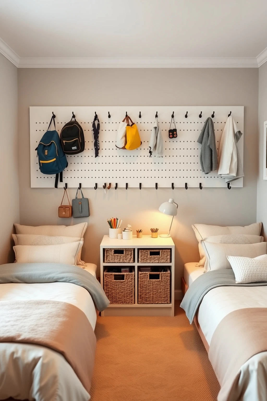 Create a shared wall for climbing, not chaos: a peg rail plus bins