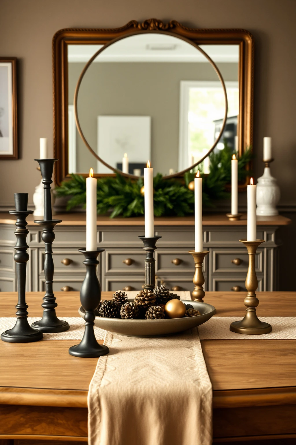 Make a sideboard look whimsical with mismatched candlesticks