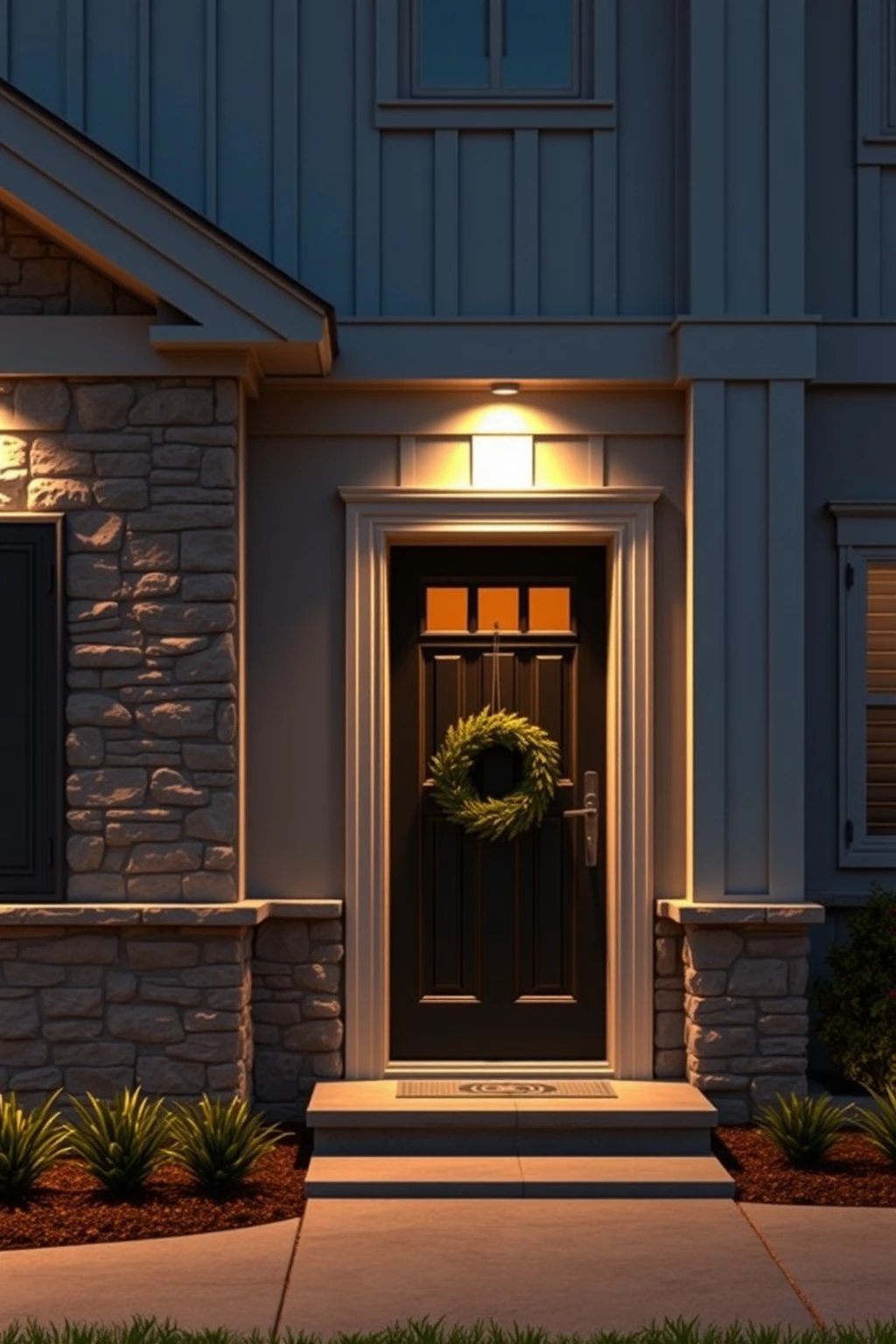 Spotlight the architectural details: columns, stone, and trim