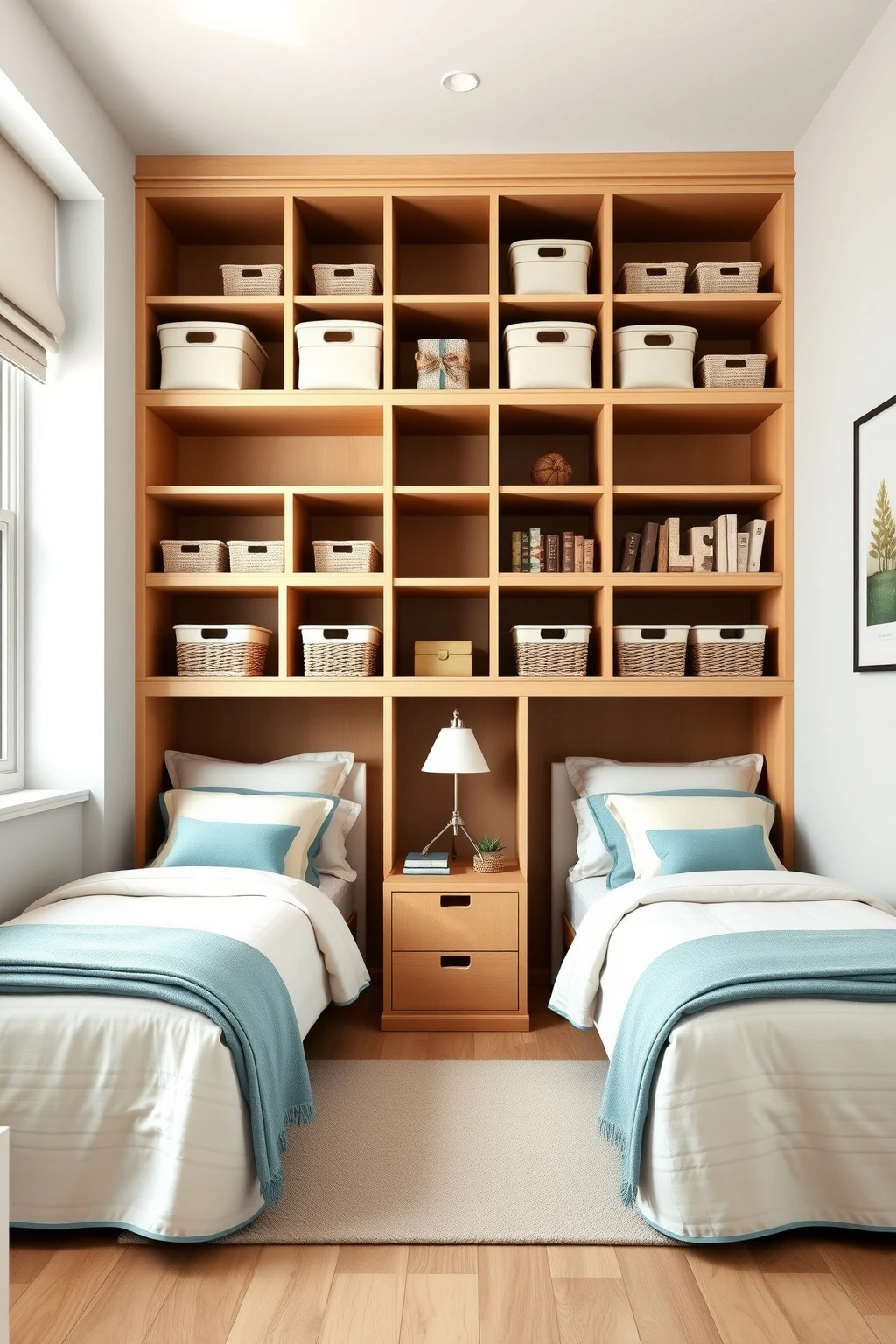 Use vertical storage for small rooms: cubes up high, baskets below