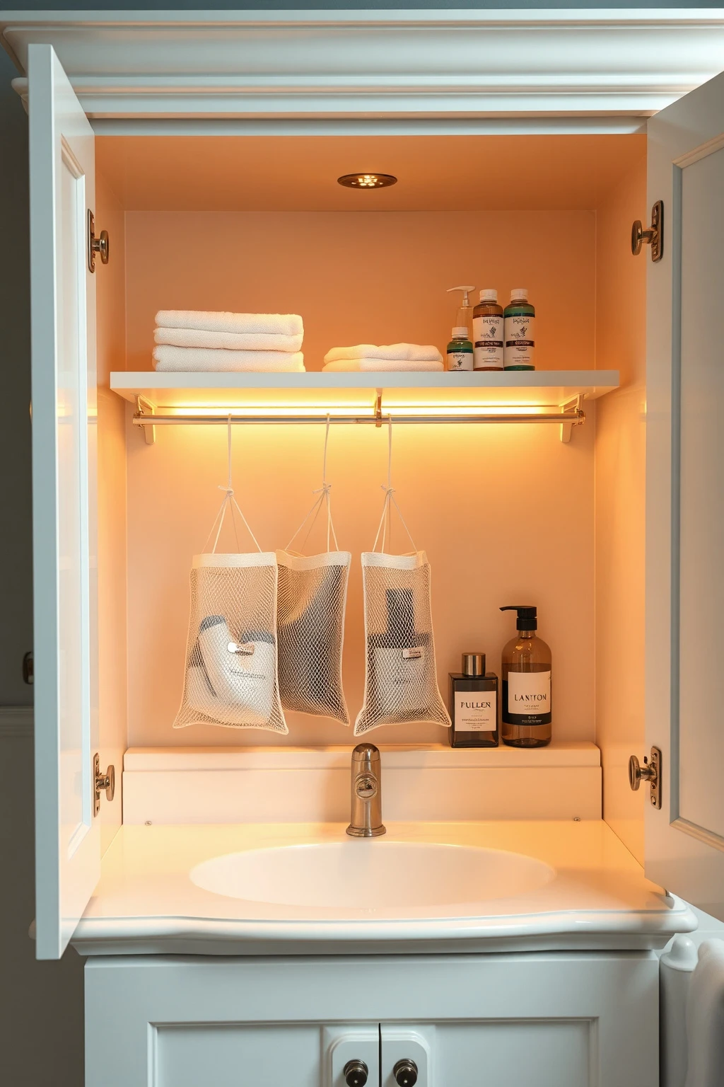 Make a “Vanity Behind-Drawer” Storage Space With a Hanging Under-Shelf Rail