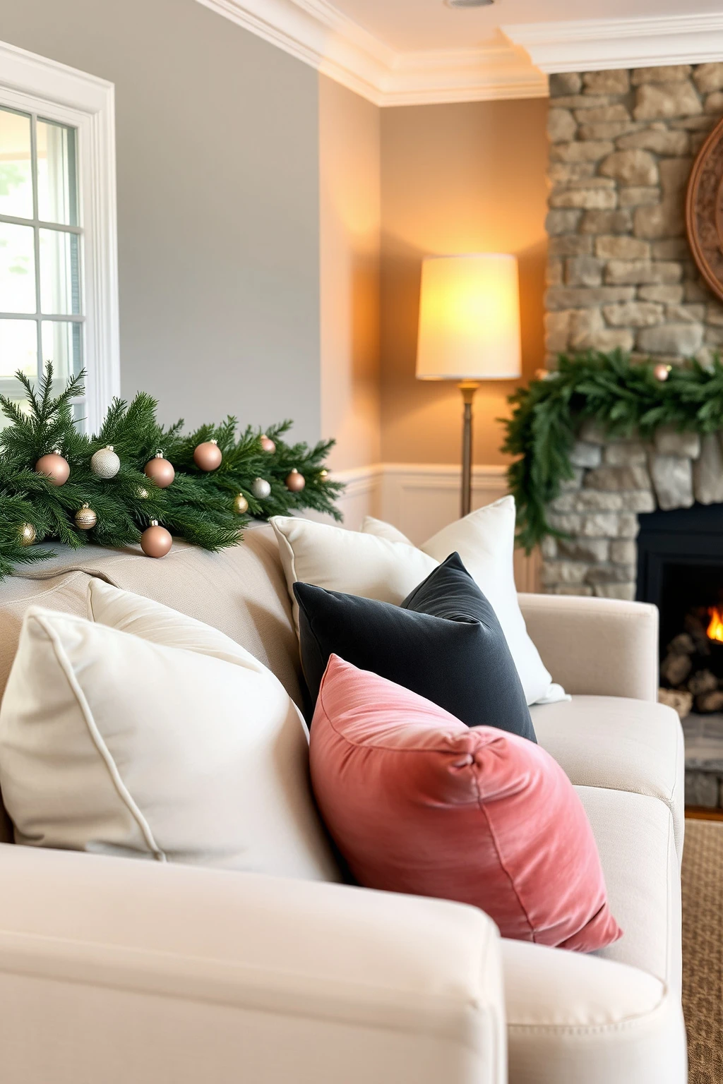 Tie in your mantel to the sofa color with a 2:1 fabric ratio