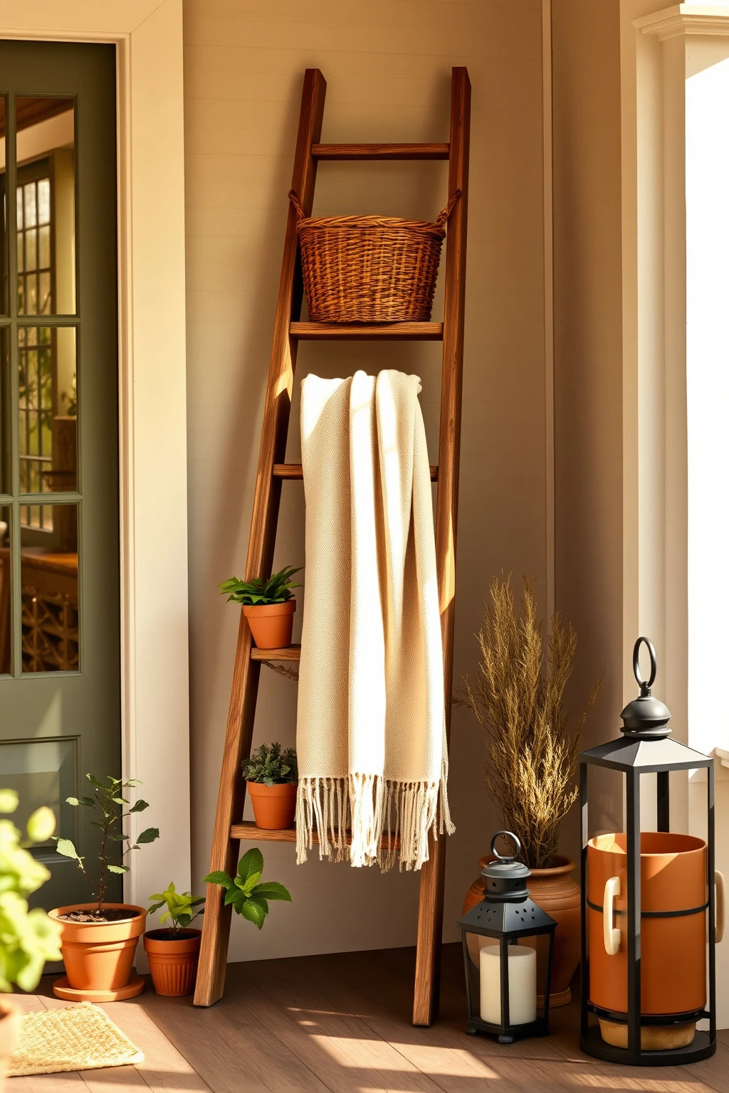 Turn a Decorative Ladder Into a Plant and Blanket Display