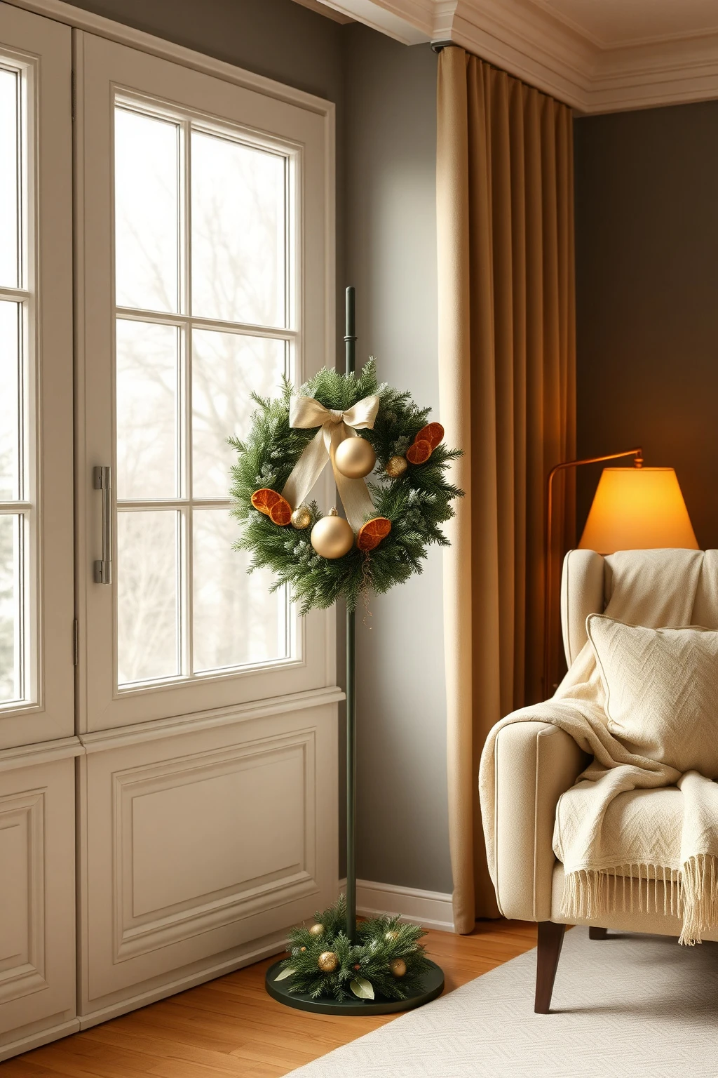 Design a window-side wreath stand for renters and small spaces