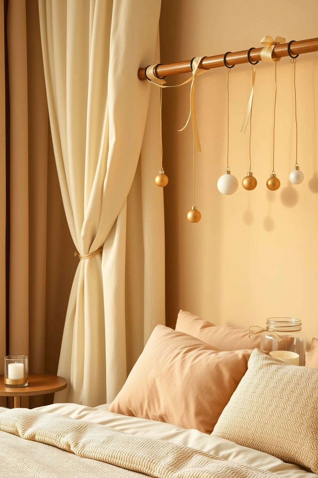 Hang ornaments on a curtain rod for instant, reversible whimsy