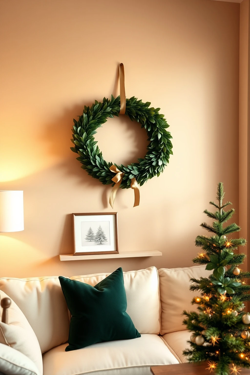 Try a wreath “halo” on the wall for a focal point without floor space