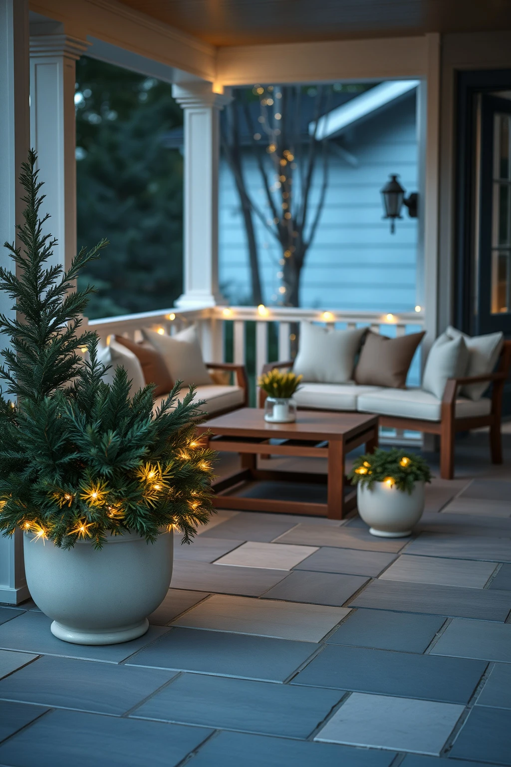 Add “floating” light by placing strands on planters, not furniture