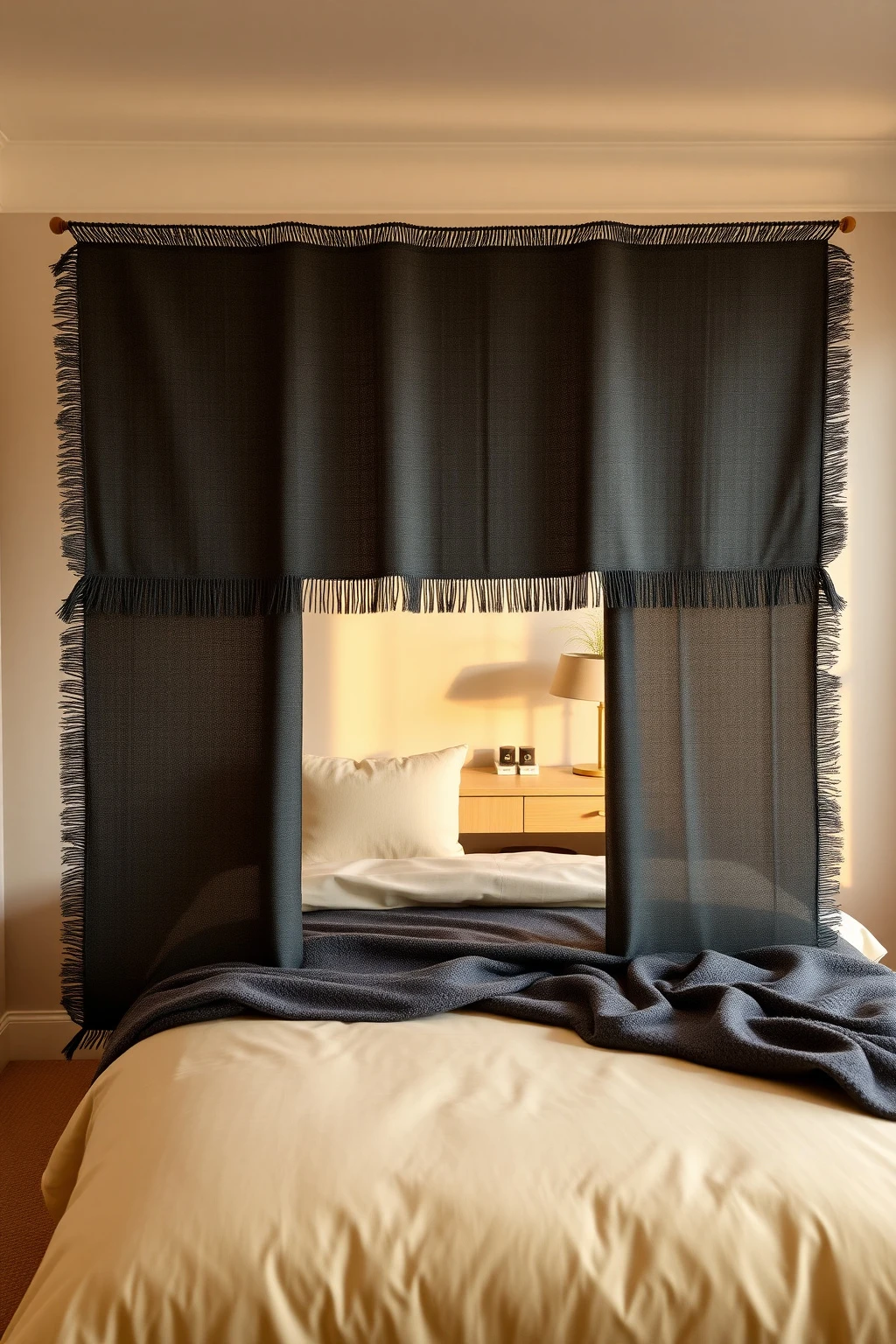 Charcoal Fabric Screen with Fringe for a Soft Zoning Effect