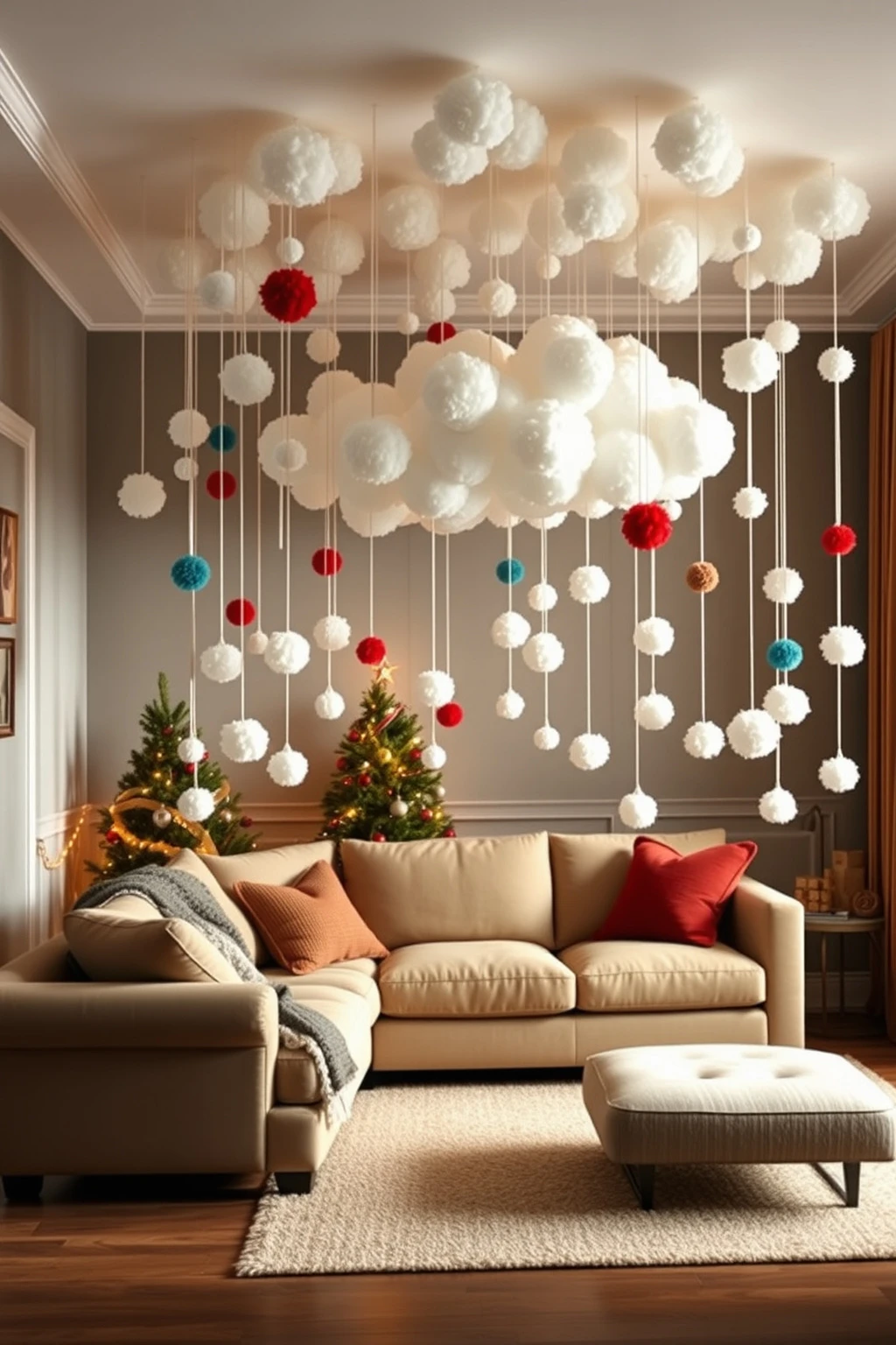 Do the “cloud ceiling” trick with white fabric puffs and pom-poms