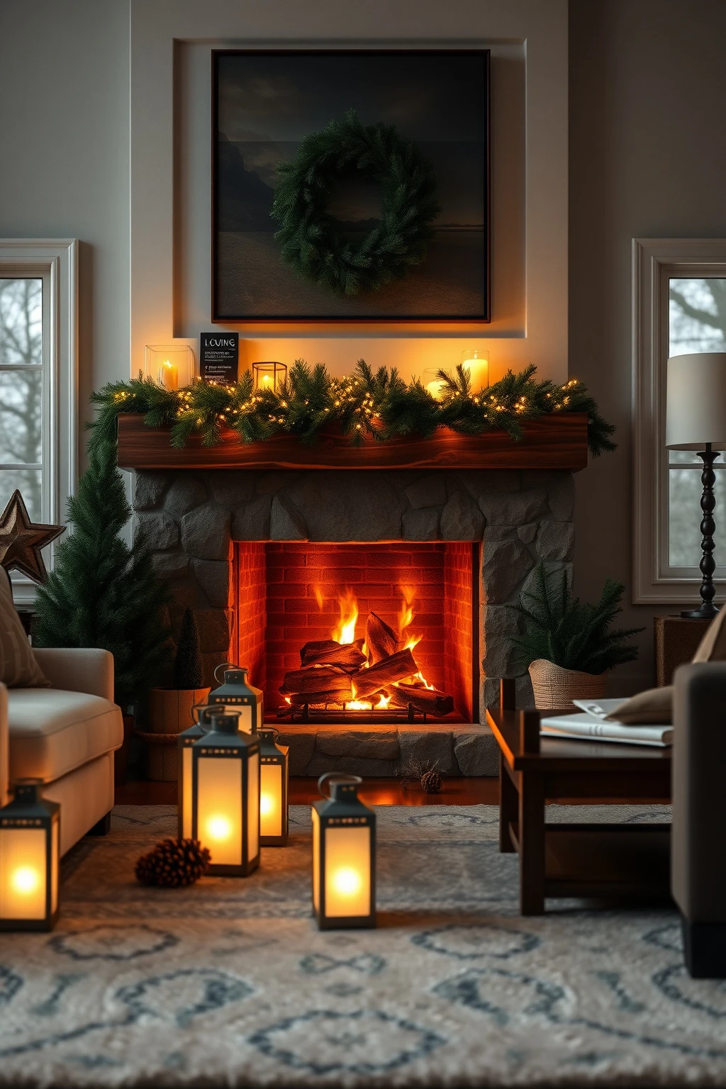 Illuminate the mantel from below with battery lanterns