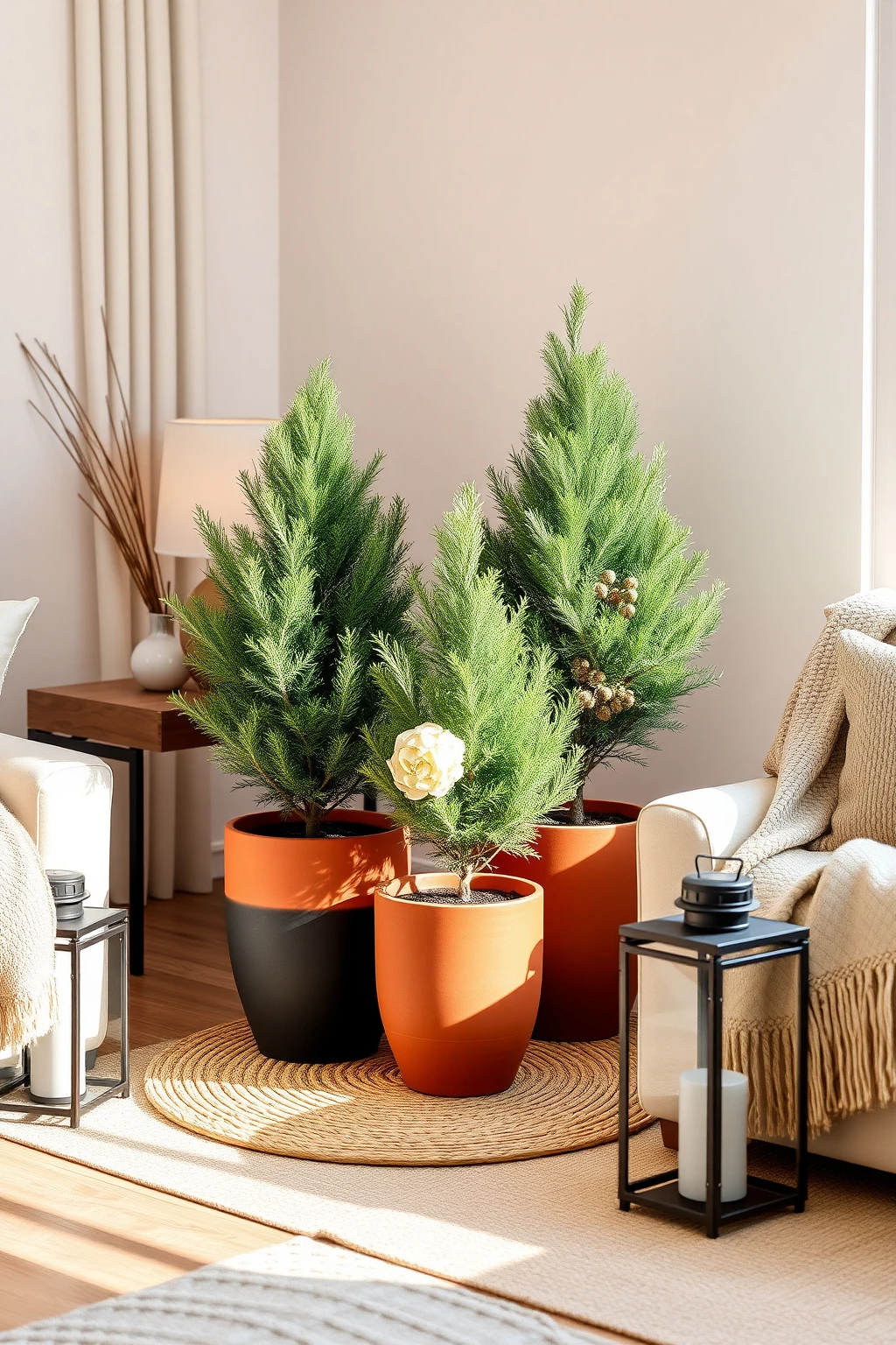 Create a “winter garden” in a corner with potted evergreens