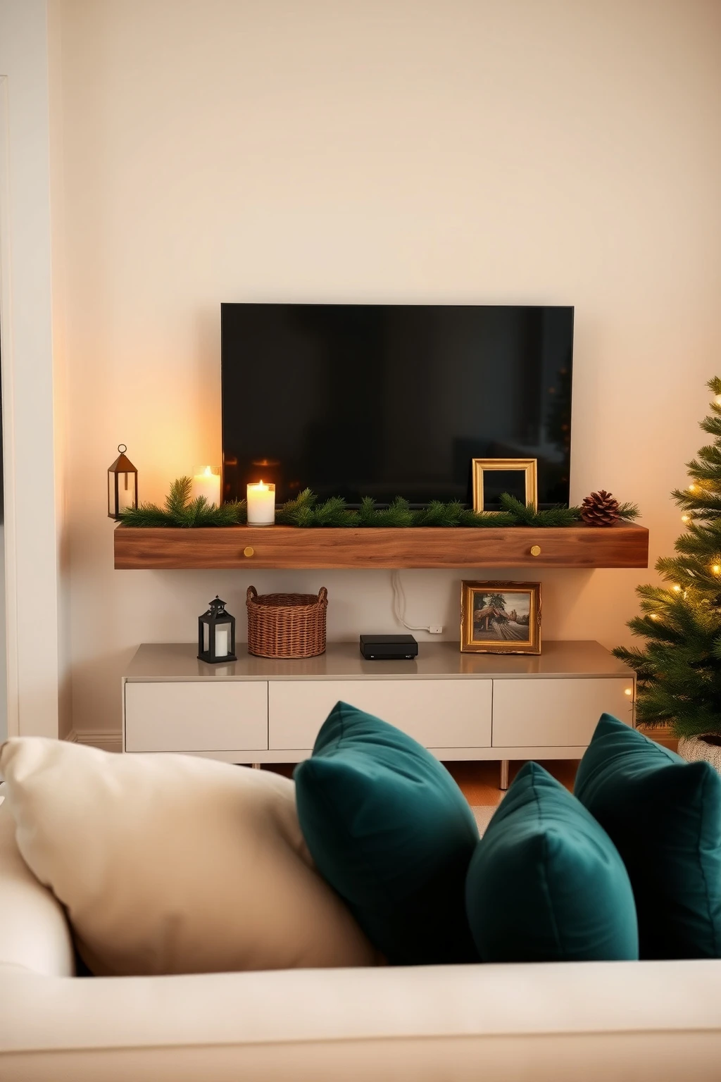 Style a media console like a “floating vignette” to reduce countertop chaos