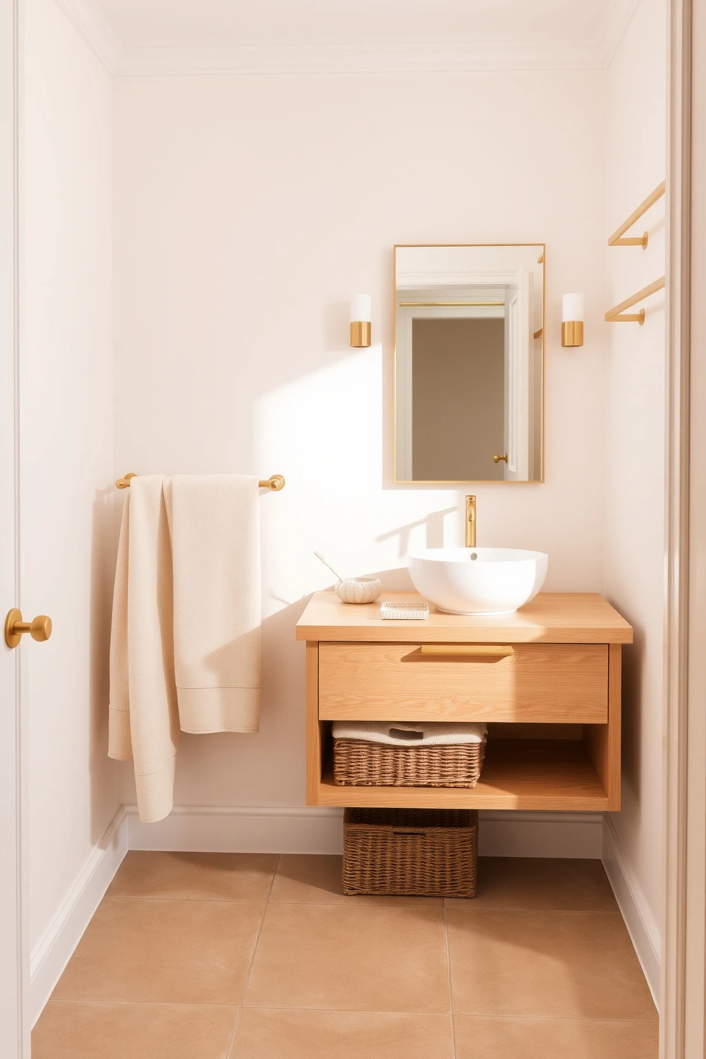Bathrooms: hang towels low and choose “pretty useful” storage