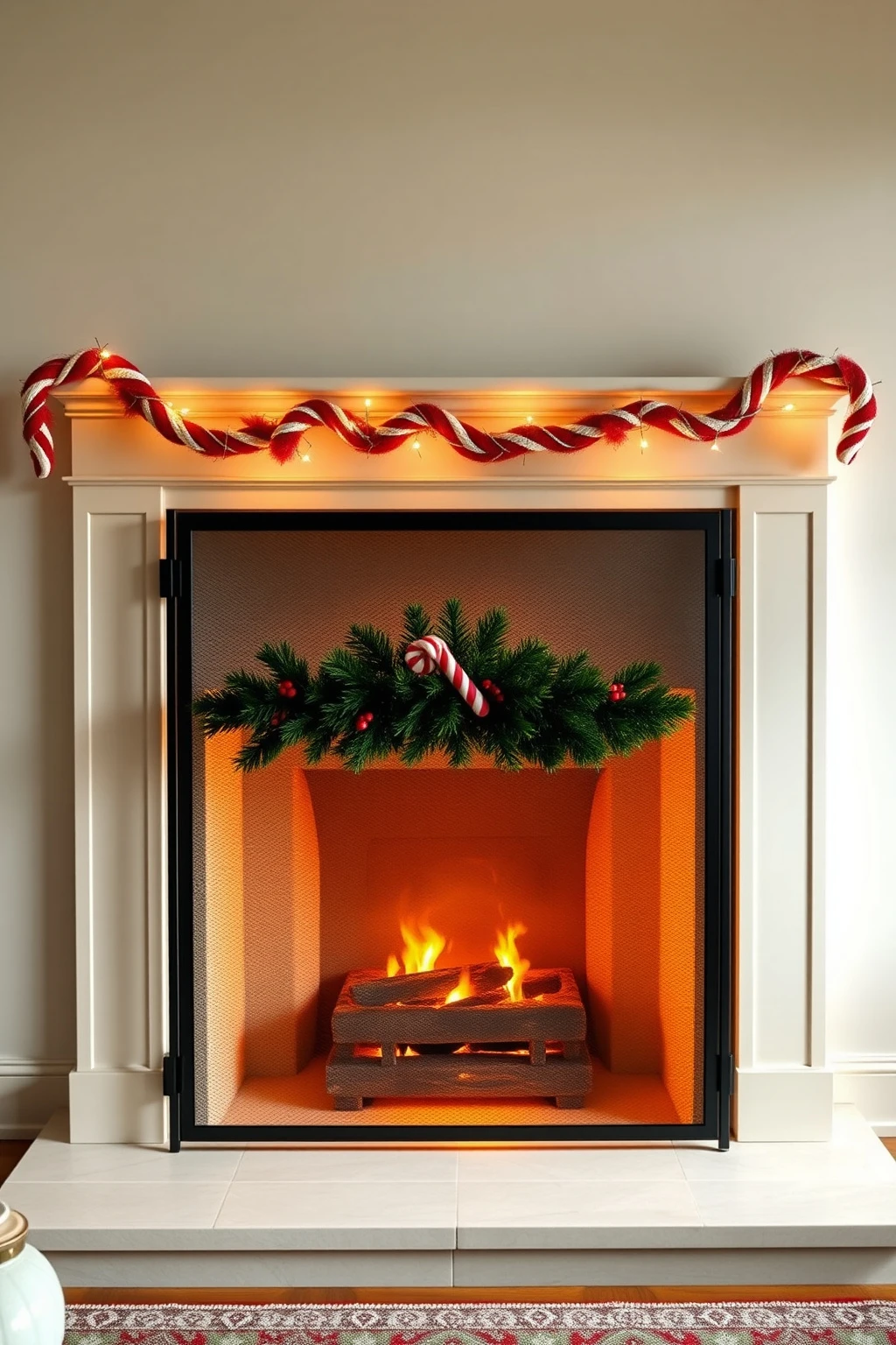 Upgrade a plain fireplace screen with candy-cane trim and one garland arc