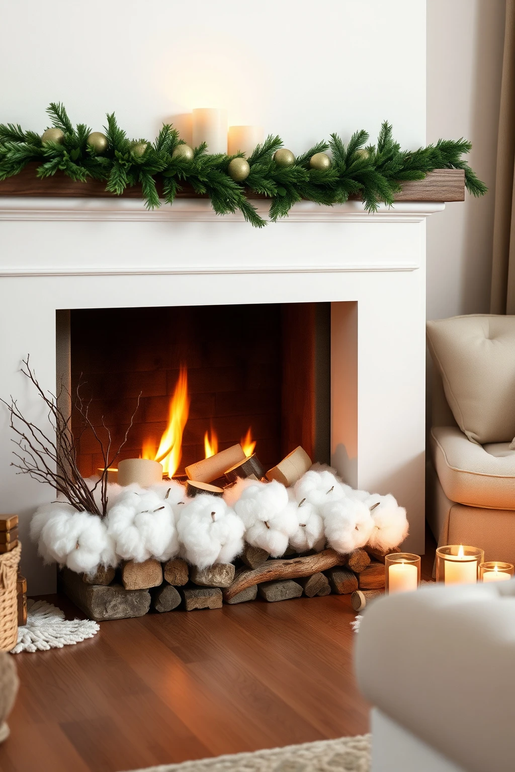 Create a faux “snow drift” on the hearth with loose cotton batting
