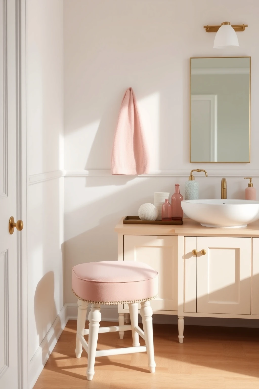 Add Color-Blocking with a Pink Vanity Stool and One Shell Accent