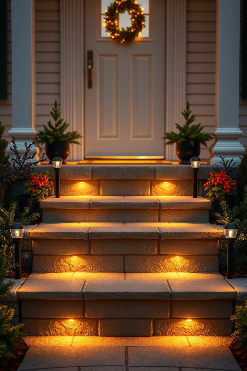 Uplight your front steps with small path stakes for depth