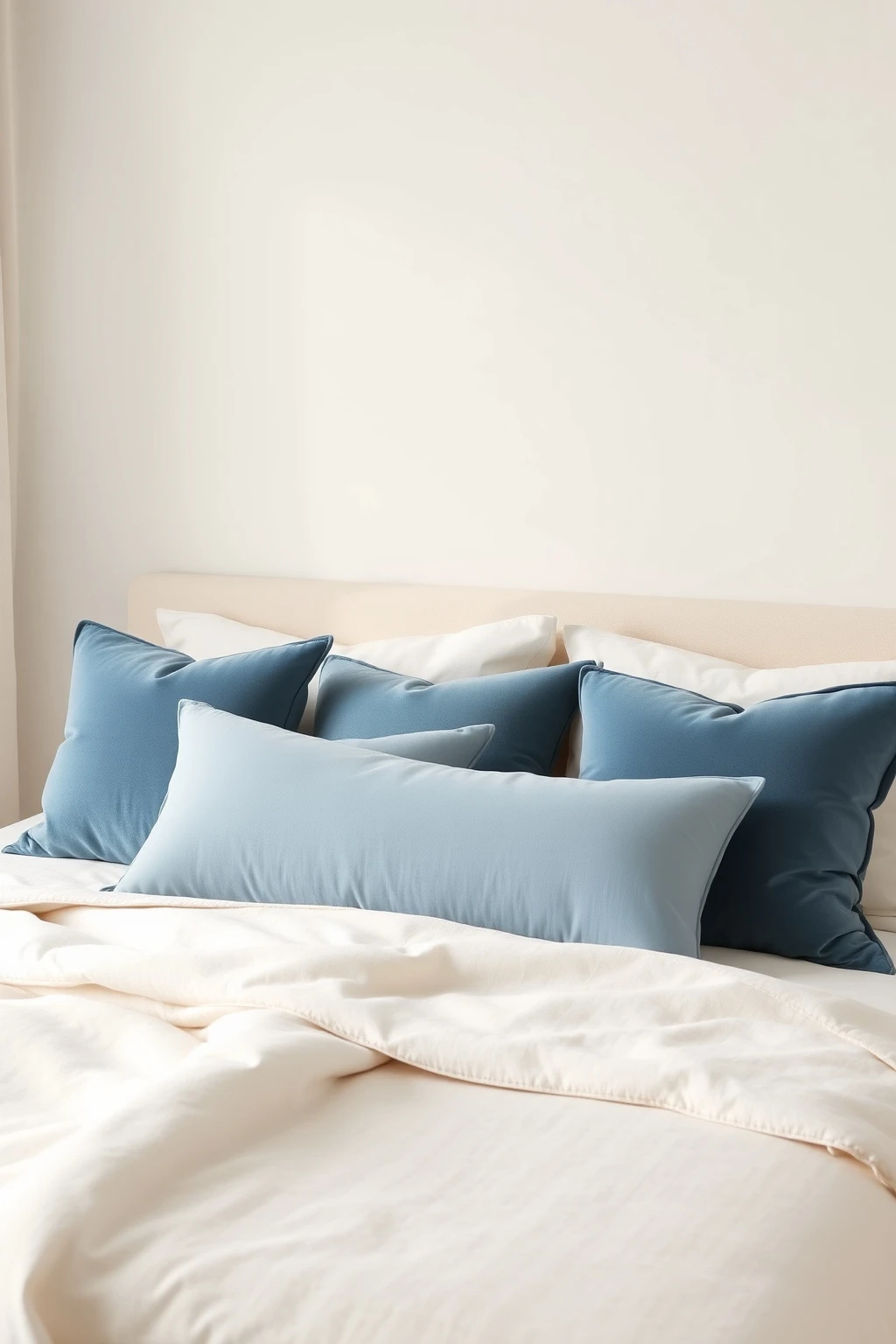 Soft-Blue Velvet Cushions with Warm Ivory Bedding