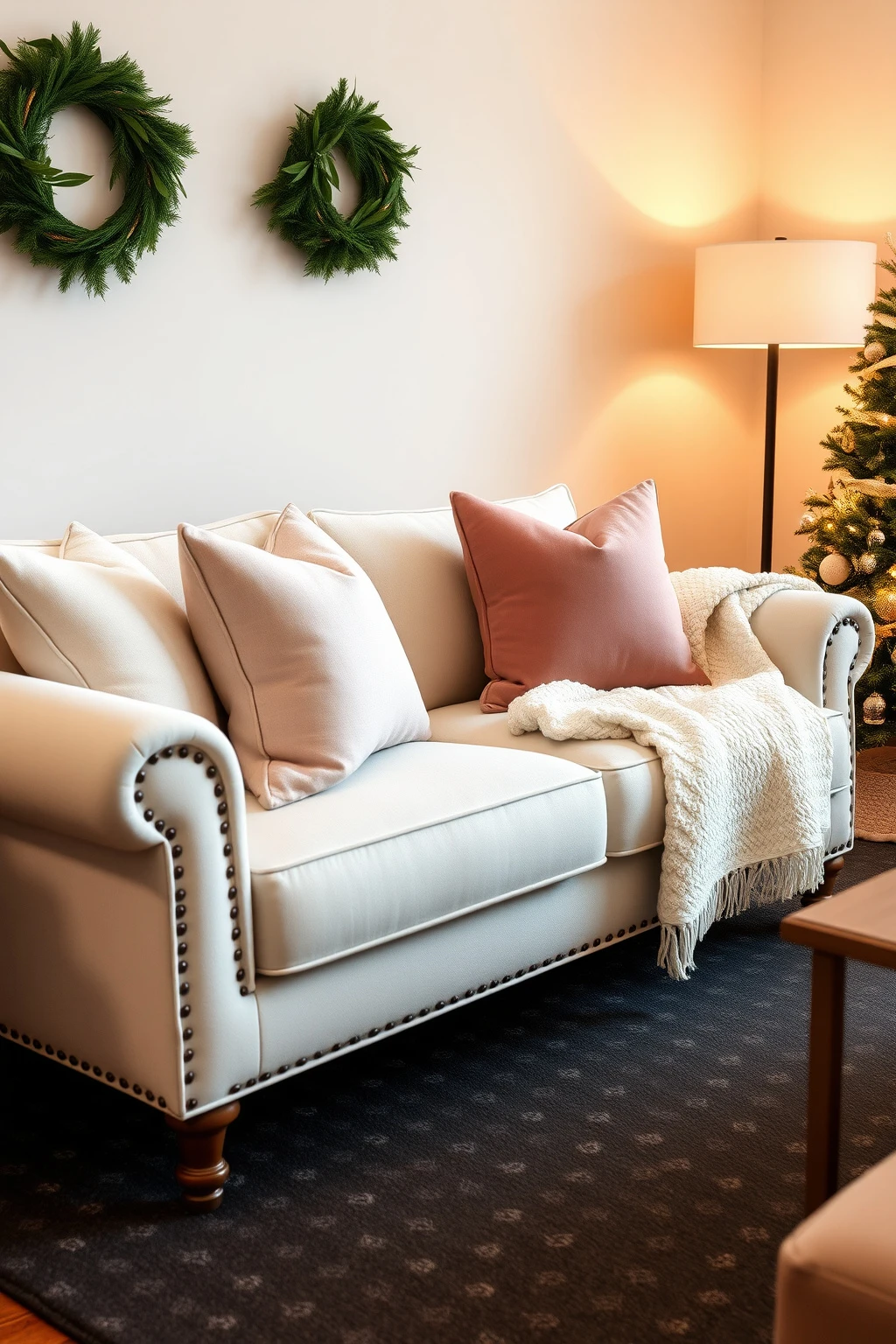 Make your seating cozier with “banded” pillow heights and a single accent color