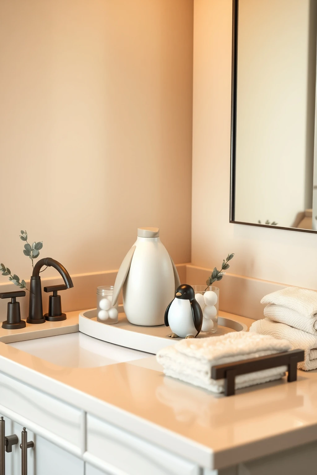 Use a Black-and-White Penguin Theme to Refresh a Beige Bathroom