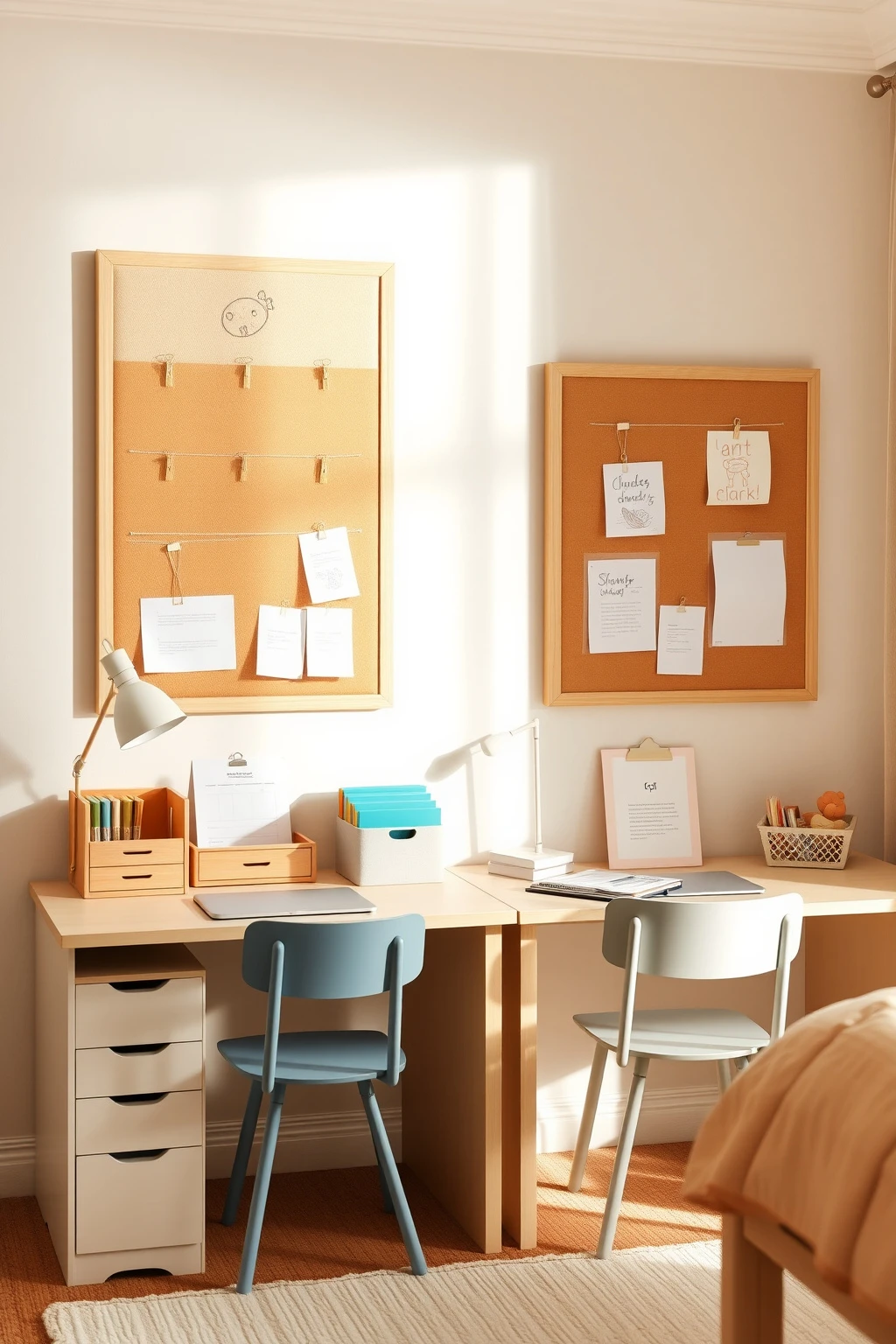 Pin a fabric pinboard above each desk for art you can actually manage