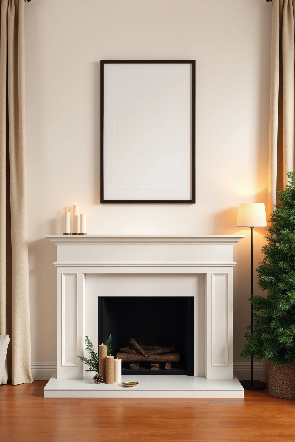 Style a fireplace wall with one tall art piece and a low mantel vignette