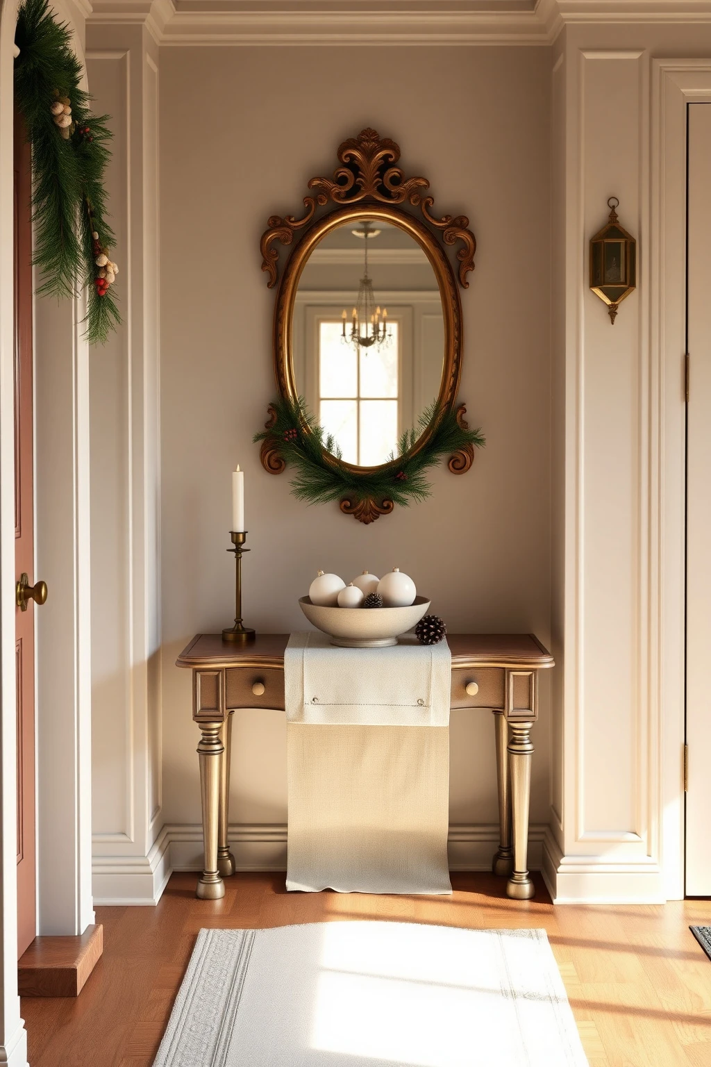 Entryway Table Hack: Use a Runner and a Single Bowl of Ornaments