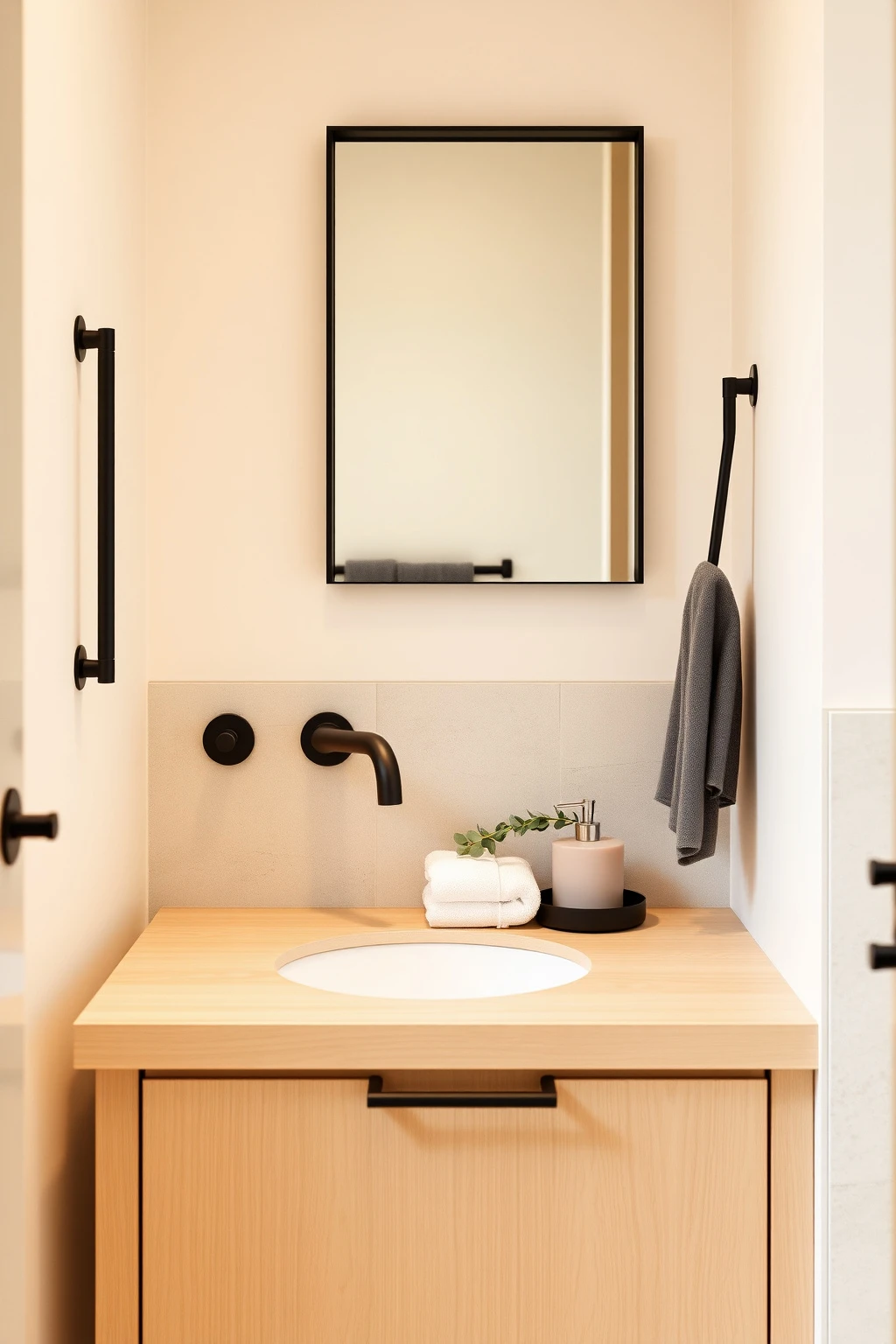 Use a Color-Blocked Accent: Charcoal Hardware on Warm Ivory