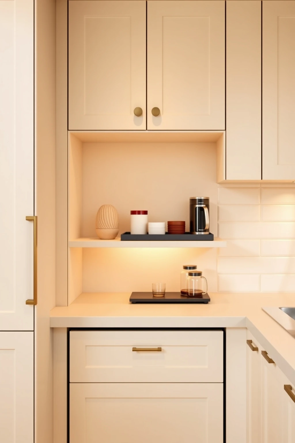 Use a narrow appliance garage or open shelf to hide the daily clutter