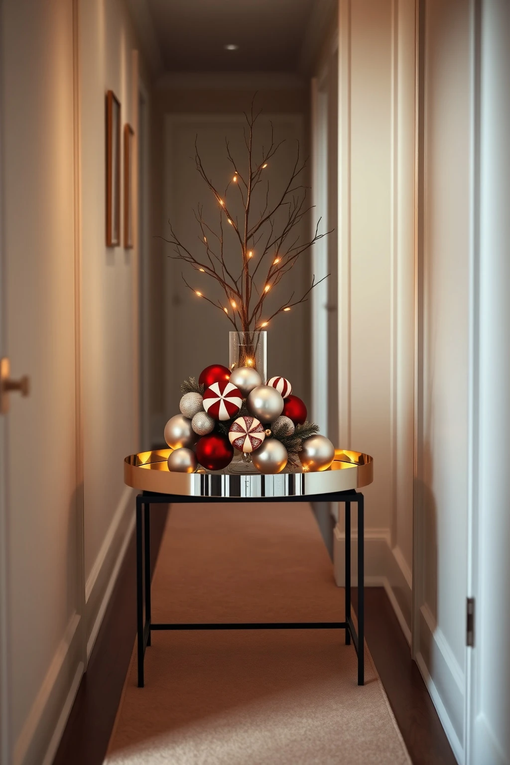 Anchor a hallway with a mirrored tray and “stop-and-stare” ornament cluster